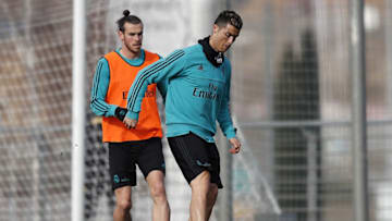MADRID, SPAIN - JANUARY 20: Cristiano Ronaldo (R) and Gareth Bale of Real Madrid in action during a training session at Valdebebas training ground on January 20, 2018 in Madrid, Spain. (Photo by Angel Martinez/Real Madrid via Getty Images)