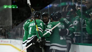 DALLAS, TX - NOVEMBER 2: Denis Gurianov #34, Miro Heiskanen #4, Joe Pavelski #16 and the Dallas Stars celebrates a goal against the Montreal Canadiens at the American Airlines Center on November 2, 2019 in Dallas, Texas. (Photo by Glenn James/NHLI via Getty Images)
