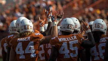 AUSTIN, TX - SEPTEMBER 09: The Texas Longhorns defense huddles at the start of the fourth quarter against the San Jose State Spartans at Darrell K Royal-Texas Memorial Stadium on September 9, 2017 in Austin, Texas. (Photo by Tim Warner/Getty Images)