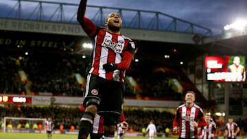 SHEFFIELD, ENGLAND - NOVEMBER 04: Leon Clarke of Sheffield United celebrates scoring his fourth goal during the Sky Bet Championship match between Sheffield United and Hull City at Bramall Lane on November 4, 2017 in Sheffield, England. (Photo by Nigel Roddis/Getty Images)