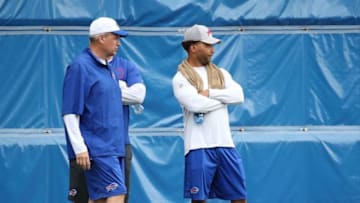 May 26, 2015; Orchard Park, NY, USA; Buffalo Bills head coach Rex Ryan (left) and general manager Doug Whaley during the organized team activities at the ADPRO Sports Training Center. Mandatory Credit: Kevin Hoffman-USA TODAY Sports
