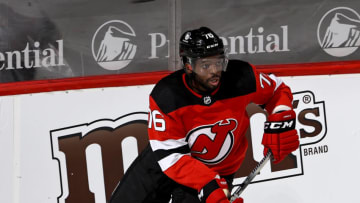 NEWARK, NEW JERSEY - FEBRUARY 20: P.K. Subban #76 of the New Jersey Devils takes the puck in the second period against the Buffalo Sabres at Prudential Center on February 20, 2021 in Newark, New Jersey. (Photo by Elsa/Getty Images)