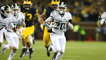 ANN ARBOR, MI - OCTOBER 17: Jalen Watts-Jackson #20 of the Michigan State Spartans scored the game winning touchdown against the Michigan Wolverines during the final seconds of college football game at Michigan Stadium on October 17, 2015 in Ann Arbor, Michigan. (Photo by Rey Del Rio/Getty Images)