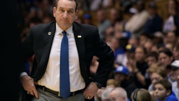 DURHAM, NC - DECEMBER 02: Head coach Mike Krzyzewski of the Duke Blue Devils reacts while looking toward a referee during their game against the South Dakota Coyotes at Cameron Indoor Stadium on December 2, 2017 in Durham, North Carolina. Duke won 96-80. (Photo by Lance King/Getty Images)
