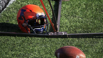 PISCATAWAY, NJ - NOVEMBER 14: An Illinois Fighting Illini helmet lies on the turf against the Rutgers Scarlet Knights during the first quarter at SHI Stadium on November 14, 2020 in Piscataway, New Jersey. Illinois defeated Rutgers 23-20. (Photo by Corey Perrine/Getty Images)