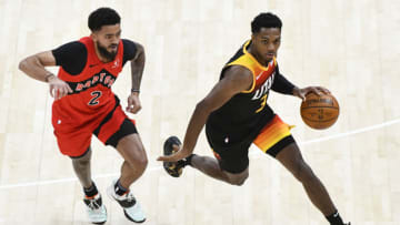 SALT LAKE CITY, UTAH - MAY 01: Trent Forrest #3 of the Utah Jazz drives past Jalen Harris #2 of the Toronto Raptors (Photo by Alex Goodlett/Getty Images)