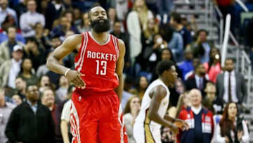 Jan 25, 2016; New Orleans, LA, USA; Houston Rockets guard James Harden (13) celebrates after a go ahead basket against the New Orleans Pelicans during the fourth quarter of a game at the Smoothie King Center. The Rockets defeated the Pelicans 112-111. Mandatory Credit: Derick E. Hingle-USA TODAY Sports