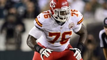 Sep 19, 2013; Philadelphia, PA, USA; Kansas City Chiefs offensive tackle Branden Albert (76) during the third quarter against the Philadelphia Eagles at Lincoln Financial Field. The Chiefs defeated the Eagles 26-16. Mandatory Credit: Howard Smith-USA TODAY Sports