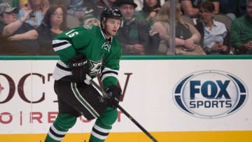 Apr 7, 2016; Dallas, TX, USA; Dallas Stars rookie center Jason Dickinson (16) skates with the puck against the Colorado Avalanche during the third period at the American Airlines Center. The Stars won 4-2. Mandatory Credit: Jerome Miron-USA TODAY Sports