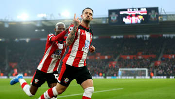 SOUTHAMPTON, ENGLAND - JANUARY 01: Danny Ings(R) of Southampton celebrates with Moussa Djenepo(L) after scoring during the Premier League match between Southampton FC and Tottenham Hotspur at St Mary's Stadium on January 01, 2020 in Southampton, United Kingdom. (Photo by Matt Watson/Southampton FC via Getty Images)