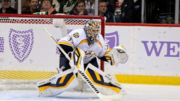 Oct 22, 2013; Saint Paul, MN, USA; Nashville Predators goalie Pekka Rinne (35) against the Minnesota Wild at Xcel Energy Center at Xcel Energy Center. The Wild defeated the Predators 2-0. Mandatory Credit: Brace Hemmelgarn-USA TODAY Sports