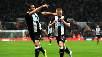 NEWCASTLE UPON TYNE, ENGLAND - OCTOBER 06: Matthew Longstaff of Newcastle United celebrates with teammate Andy Carroll after scoring his team's first goal during the Premier League match between Newcastle United and Manchester United at St. James Park on October 06, 2019 in Newcastle upon Tyne, United Kingdom. (Photo by Ian MacNicol/Getty Images)