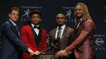 NEW YORK, NY - DECEMBER 14: (L-R) Finalists for the 85th annual Heisman Memorial Trophy, quarterback Joe Burrow of the LSU Tigers, quarterback Justin Fields of the Ohio State Buckeyes, quarterback Jalen Hurts of the Oklahoma Sooners and defensive end Chase Young of the Ohio State Buckeyes pose for a picture on December 14, 2019 in New York City. (Photo by Adam Hunger/Getty Images)