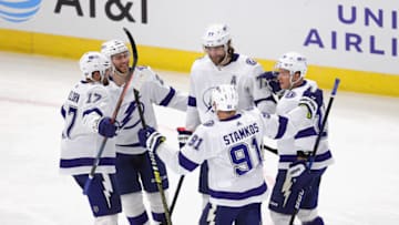 Victor Hedman #77 of the Tampa Bay Lightning (center). (Photo by Jonathan Daniel/Getty Images)