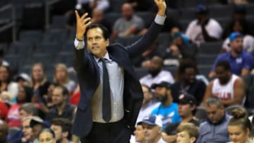 Head coach Erik Spoelstra of the Miami Heat reacts against the Charlotte Hornets (Photo by Streeter Lecka/Getty Images)
