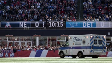 FOXBOROUGH, MASSACHUSETTS - OCTOBER 09: Saivion Smith #29 of the New England Patriots is taken away in an ambulance after suffering an injury during the first quarter against the Detroit Lions at Gillette Stadium on October 09, 2022 in Foxborough, Massachusetts. (Photo by Nick Grace/Getty Images)
