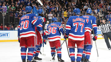 NEW YORK, NY - JANUARY 17: Mats Zuccarello #36 of the New York Rangers celebrates with teammates after scoring a goal in the first period against the Chicago Blackhawks at Madison Square Garden on January 17, 2019 in New York City. (Photo by Jared Silber/NHLI via Getty Images)