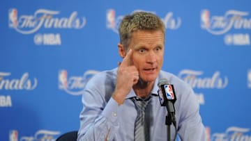 June 19, 2016; Oakland, CA, USA; Golden State Warriors head coach Steve Kerr speaks to media following the 93-89 loss against the Cleveland Cavaliers following game seven of the NBA Finals at Oracle Arena. Mandatory Credit: Gary A. Vasquez-USA TODAY Sports