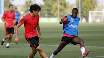 MADRID, SPAIN - SEPTEMBER 18: Jesus Vallejo (L) and Vinicius Jr of Real Madrid in action during a training session at Valdebebas training ground on September 18, 2018 in Madrid, Spain. (Photo by Angel Martinez/Real Madrid via Getty Images)