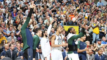 SALT LAKE CITY, UT - JANUARY 25: The Utah Jazz celebrate during the game against the Minnesota Timberwolves on January 25, 2019 at Vivint Smart Home Arena in Salt Lake City, Utah. NOTE TO USER: User expressly acknowledges and agrees that, by downloading and or using this Photograph, User is consenting to the terms and conditions of the Getty Images License Agreement. Mandatory Copyright Notice: Copyright 2019 NBAE (Photo by Melissa Majchrzak/NBAE via Getty Images)