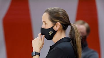CORVALLIS, OREGON - DECEMBER 06: Head coach JR Payne of the Colorado Buffaloes watches from the sideline against the Oregon State Beavers at Gill Coliseum on December 06, 2020 in Corvallis, Oregon. (Photo by Soobum Im/Getty Images)