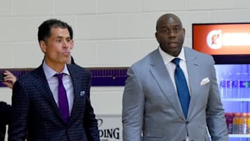 LOS ANGELES, CA - JUNE 23: Magic Johnson, president of basketball operations and Rob Pelinka, general manager of the Los Angeles Lakers, arrive for a press conference on June 23, 2017 at the team training faculity in Los Angeles, California. (Photo by Jayne Kamin-Oncea/Getty Images)