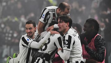 Juventus' Swiss midfielder Denis Lemi Zakaria (C) celebrates scoring a goal with his teammates during the Italian Serie A football match between Juventus and Verona at the Juventus stadium in Turin, on February 6, 2022. (Photo by ISABELLA BONOTTO / AFP) (Photo by ISABELLA BONOTTO/AFP via Getty Images)