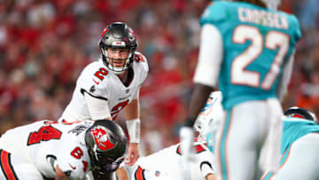 Aug 13, 2022; Tampa, Florida, USA; Tampa Bay Buccaneers quarterback Kyle Trask (2) directs the line against the Miami Dolphins in the second quarter during preseason at Raymond James Stadium. Mandatory Credit: Nathan Ray Seebeck-USA TODAY Sports