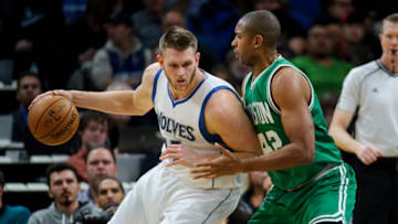 MINNEAPOLIS, MN - NOVEMBER 21: Al Horford #42 of the Boston Celtics defends against Cole Aldrich #45 of the Minnesota Timberwolves during the game on November 21, 2016 at Target Center in Minneapolis, Minnesota. NOTE TO USER: User expressly acknowledges and agrees that, by downloading and or using this Photograph, user is consenting to the terms and conditions of the Getty Images License Agreement. (Photo by Hannah Foslien/Getty Images)