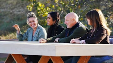 TOP CHEF -- "Cabin Fever" Episode 1709 -- Pictured: (l-r) Brooke Williamson, Padma Lakshmi, Tom Colicchio, Gail Simmons -- (Photo by: Nicole Weingart/Bravo)