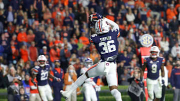 Auburn footballOct 30, 2021; Auburn, Alabama, USA; Auburn Tigers cornerback Jaylin Simpson (36) intercepts a Mississippi Rebels pass in the end zone during the fourth quarter at Jordan-Hare Stadium. Mandatory Credit: John Reed-USA TODAY Sports