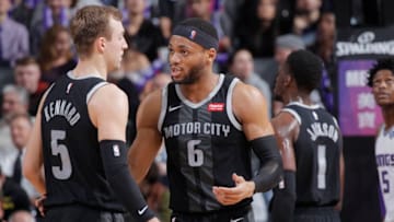 SACRAMENTO, CA - JANUARY 10: Bruce Brown #6 and Luke Kennard #5 of the Detroit Pistons talk during the game against the Sacramento Kings on January 10, 2019 at Golden 1 Center in Sacramento, California. NOTE TO USER: User expressly acknowledges and agrees that, by downloading and or using this photograph, User is consenting to the terms and conditions of the Getty Images Agreement. Mandatory Copyright Notice: Copyright 2019 NBAE (Photo by Rocky Widner/NBAE via Getty Images)