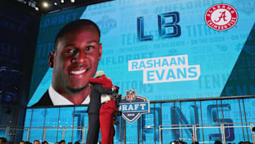 ARLINGTON, TX - APRIL 26: Rashaan Evans of Alabama hugs NFL Commissioner Roger Goodell after being picked