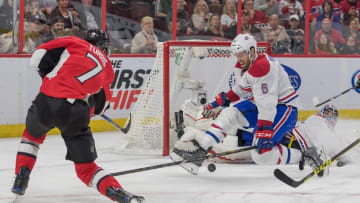 Oct 15, 2016; Ottawa, Ontario, CAN; Montreal Canadiens defenseman Shea Weber (6) blocks a shot on goal from Ottawa Senators center Kyle Turris (7) in the second period at the Canadian Tire Centre. Mandatory Credit: Marc DesRosiers-USA TODAY Sports