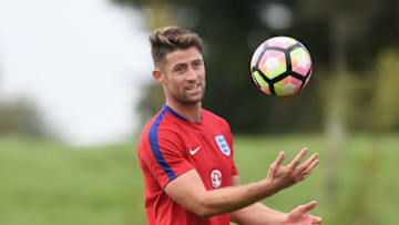 BURTON-UPON-TRENT, ENGLAND - OCTOBER 05: Gary Cahill of England catches a ball during a training session at St. George's Park on October 5, 2016 in Burton-upon-Trent, England. (Photo by Michael Regan - The FA/The FA via Getty Images)