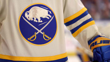 Mar 25, 2022; Buffalo, New York, USA; A general view of a Buffalo Sabres jersey during a game against the Washington Capitals at KeyBank Center. Mandatory Credit: Timothy T. Ludwig-USA TODAY Sports