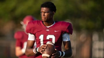 Auburn footballMBA quarterback Marcel Reed (12) warms up before the game against Pearl-Cohn at Montgomery Belll Academy Friday, Aug. 26, 2022 in Nashville, Tenn.Nas Mba Pearl Cohn 011