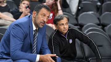 LAS VEGAS, NV - OCTOBER 8: Vlade Divac and owner of the Sacramento Kings, Vivek Ranadivé, talk before a preseason game between the Sacramento Kings and Los Angeles Lakers on October 8, 2017 at T-Mobile Arena in Las Vegas, Nevada. NOTE TO USER: User expressly acknowledges and agrees that, by downloading and/or using this photograph, user is consenting to the terms and conditions of the Getty Images License Agreement. Mandatory Copyright Notice: Copyright 2017 NBAE (Photo by Garrett Ellwood/NBAE via Getty Images)