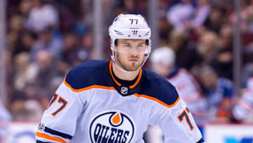 VANCOUVER, BC - SEPTEMBER 30: Edmonton Oilers defenseman Oscar Klefbom (77) skates up ice during their NHL preseason game against the Vancouver Canucks at Rogers Arena on September 30, 2017 in Vancouver, British Columbia, Canada. (Photo by Derek Cain/Icon Sportswire via Getty Images)