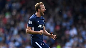 HUDDERSFIELD, ENGLAND - SEPTEMBER 30: Harry Kane of Tottenham Hotspur celebrates scoring his sides third goal during the Premier League match between Huddersfield Town and Tottenham Hotspur at John Smith's Stadium on September 30, 2017 in Huddersfield, England. (Photo by Gareth Copley/Getty Images)
