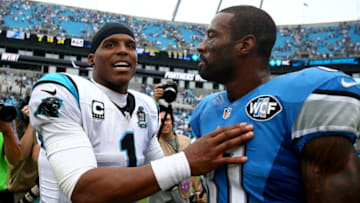 CHARLOTTE, NC - SEPTEMBER 14: (L-R) Cam Newton #1 of the Carolina Panthers talks to Calvin Johnson #81 of the Detroit Lions after the Panthers defeated the Lions 24-7 at Bank of America Stadium on September 14, 2014 in Charlotte, North Carolina. (Photo by Streeter Lecka/Getty Images)