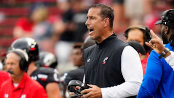 Cincinnati Bearcats head coach Luke Fickell shouts from the sideline against Kennesaw State. The Enquirer.