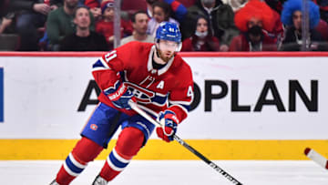 MONTREAL, QC - MARCH 26: Paul Byron #41 of the Montreal Canadiens skates the puck against the Toronto Maple Leafs during the second period at Centre Bell on March 26, 2022 in Montreal, Canada. The Montreal Canadiens defeated the Toronto Maple Leafs 4-2. (Photo by Minas Panagiotakis/Getty Images)