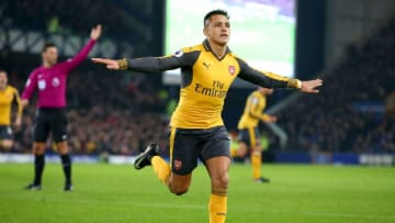 LIVERPOOL, ENGLAND - DECEMBER 13: Alexis Sanchez of Arsenal celebrates after scoring the opening goal during the Premier League match between Everton and Arsenal at Goodison Park on December 13, 2016 in Liverpool, England. (Photo by Alex Livesey/Getty Images)