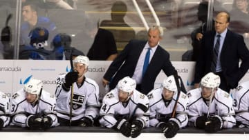 Oct 12, 2016; San Jose, CA, USA; Los Angeles Kings head coach Darryl Sutter watches the game against the San Jose Sharks in the second period at SAP Center at San Jose. Mandatory Credit: John Hefti-USA TODAY Sports