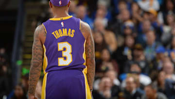 OAKLAND, CA - MARCH 14: Isaiah Thomas #3 of the Los Angeles Lakers looks on during the game against the Golden State Warriors on March 14, 2018 at ORACLE Arena in Oakland, California. NOTE TO USER: User expressly acknowledges and agrees that, by downloading and or using this photograph, user is consenting to the terms and conditions of Getty Images License Agreement. Mandatory Copyright Notice: Copyright 2018 NBAE (Photo by Noah Graham/NBAE via Getty Images)