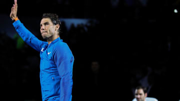 SHANGHAI, CHINA - OCTOBER 15: Rafael Nadal of Spain reacts during the award ceremony after losing his Men's singles final match against Roger Federer of Switzerland on day eight of 2017 ATP Shanghai Rolex Masters at Qizhong Stadium on October 15, 2017 in Shanghai, China. (Photo by Lintao Zhang/Getty Images)