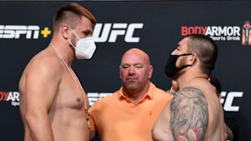 LAS VEGAS, NEVADA - SEPTEMBER 11: In this handout image provided by UFC, (L-R) Opponents Alexandr Romanov of Moldova and Roque Martinez of Guam face off during the UFC Fight Night weigh-in at UFC APEX on September 11, 2020 in Las Vegas, Nevada. (Photo by Jeff Bottari/Zuffa LLC via Getty Images)