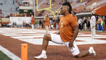 Nov 12, 2022; Austin, Texas, USA; Texas Longhorns running back Bijan Robinson (5) stretches before the game against the Texas Christian Horned Frogs at Darrell K Royal-Texas Memorial Stadium. Mandatory Credit: Scott Wachter-USA TODAY Sports