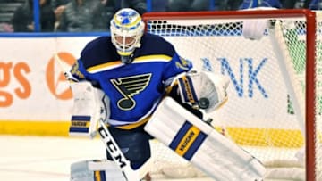 Dec 31, 2015; St. Louis, MO, USA; St. Louis Blues goalie Jake Allen (34) makes a save against the Minnesota Wild during the first period at Scottrade Center. Mandatory Credit: Jasen Vinlove-USA TODAY Sports